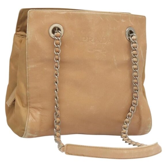 PRADA Chain Shoulder Bag Leather Beige Gold Auth 122203 - Picture 1 of 16
